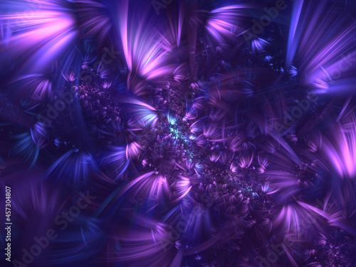 Abstract fractal art background, perhaps suggestive of flower seeds blowing away in the wind, or swarming insects, but in a surreal purple color scheme.