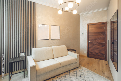 Modern interior. Living room with furniture. Brown colors.