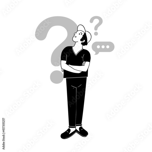 Boy solving problem, hand drawn vector image.