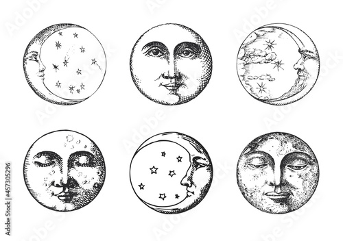 Set of Moon, Crescent, drawings in engraving style