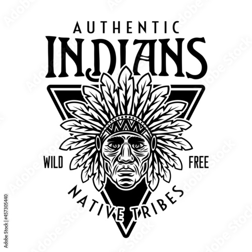 Chief head native american vector vintage round emblem, label, badge or logo in monochrome style isolated on white background
