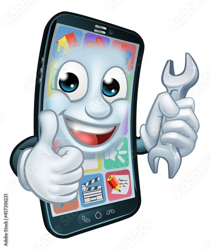 Mobile Phone Repair Spanner Thumbs Up Cartoon