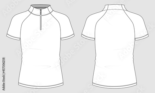 Men's short sleeve cycling jersey with short zip Vector Illustration template front and back view. Easy edit and customizable. Technical sketch mandarin Stand Up Collar Soccer mock up CAD.