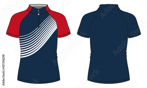 Two tone navy, red color cycling jersey with short zip Vector Illustration template front and back view. Easy edit and customizable. Technical sketch mandarin Stand Up Collar Soccer mock up CAD.