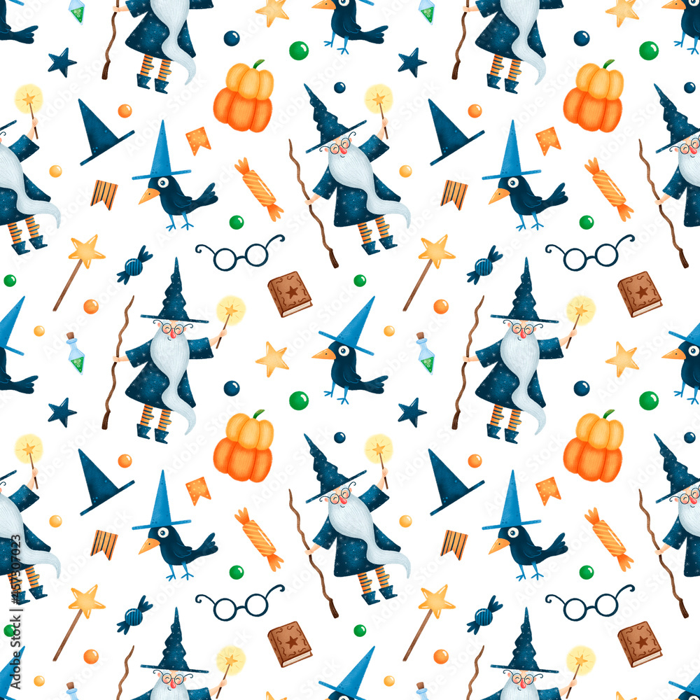 Obraz premium Cute cartoon halloween wizard seamless pattern