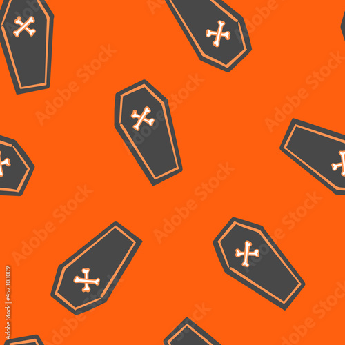 All over Halloween seamless vector repeat pattern with tossed black coffins on orange background. Simple and sophisticated 4 way Halloween backdrop