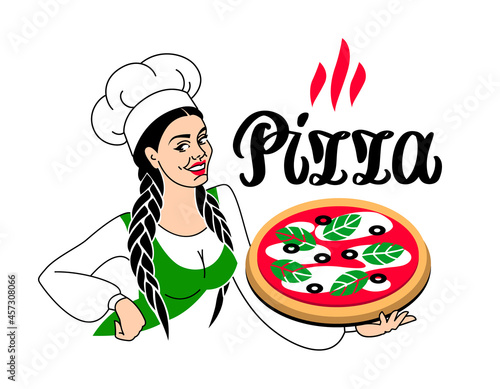 Young beautiful italian girl chef offer to taste pizza. Logo, elegant hand-lettering calligraphy vector. Woman cook for pizzeria. Italy flag colors.