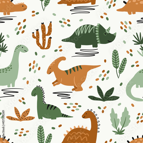 Kids seamless pattern with cute dinosaur vector clipart in scandinavian style. Digital paper, seamless background texture for textile, fabric, wallpaper