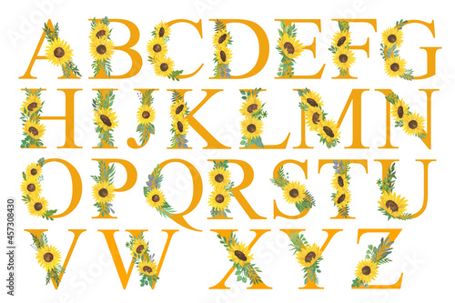 ABC, Letters of alphabet decorated with sunflowers and leaves, floral monogram watercolor illustration in simple hand painted style, decorative lettering