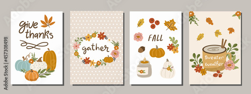 Set of hand drawn vector illustration fall autumn posters and cards for kids and nursery, Thanksgiving and seasonal greetings design. Hand written calligraphy lettering phrases, autumn clipart