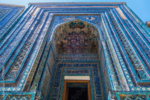 Facade of the mausoleum of Shadi Mulk Aga, niece of Amir Timur. Historical complex Shah-i-Zinda, Samarkand, Uzbekistan
