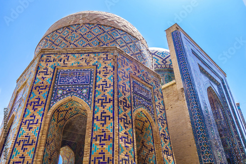 Mausoleums of Shah-i Zinda complex, Samarkand, Uzbekistan. On left is so called Octahedron, on right is Shirin Bika mausoleum