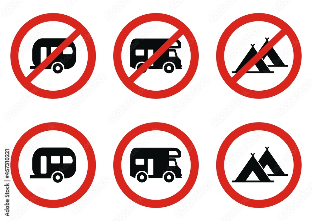 No camping, road sign, set of vector icons No camping, road sign, set of vector icons