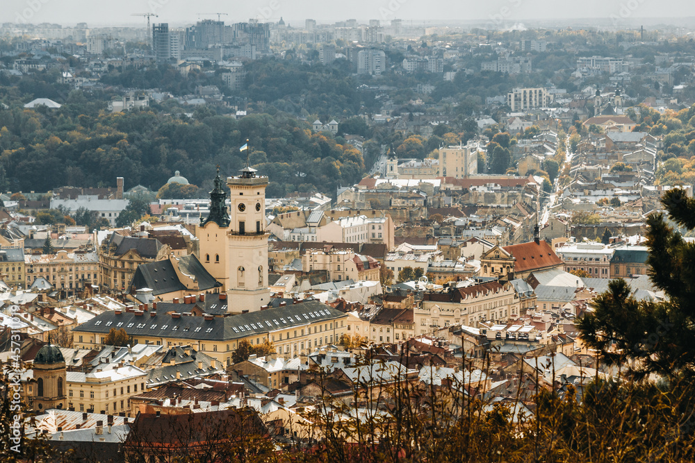 View of lviv rooftops and city center at market square.
