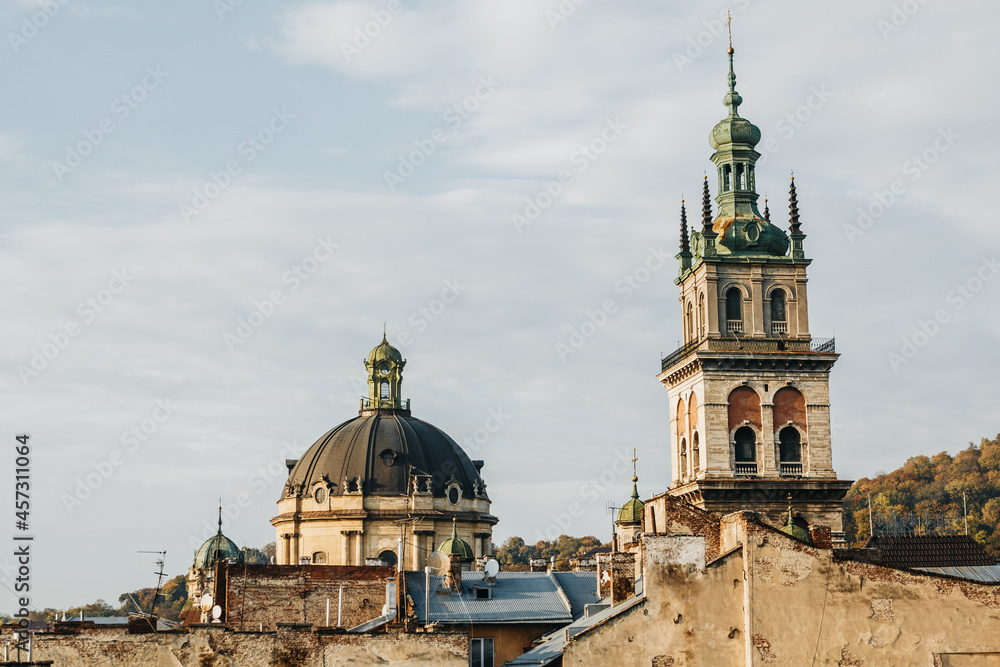 View of Lviv rooftops in the city center in the daylight.