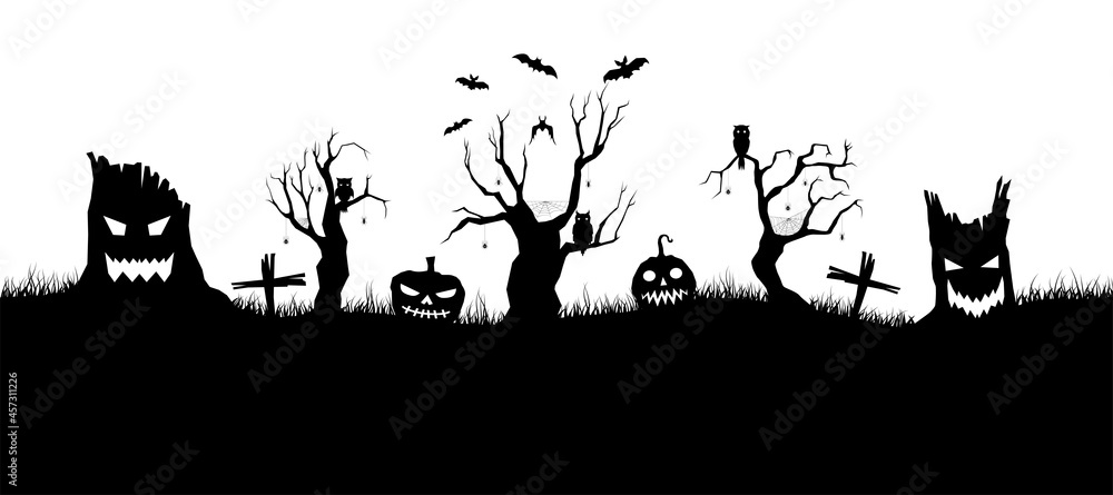 Happy Halloween banner on white background. Halloween concept for greeting cards. Composition of silhouettes. Vector illustration. - obrazy, fototapety, plakaty 