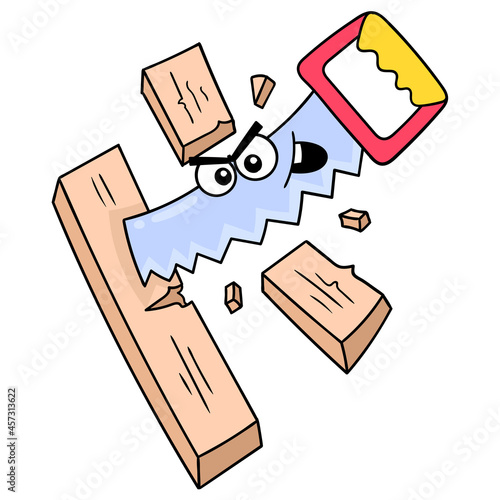 arrogant faced saw cutting wood, doodle icon image kawaii
