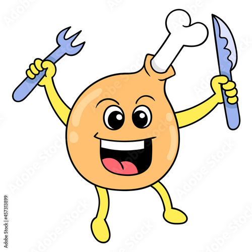 Fried chicken thighs bring a spoon and fork to eat, doodle icon image kawaii