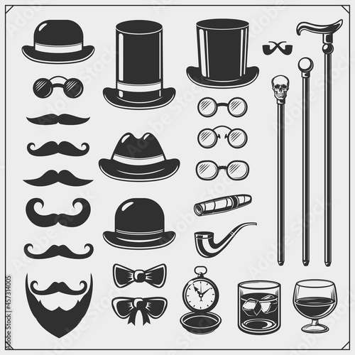 Gentlemen's Club. Set of emblems, icons of accessories.