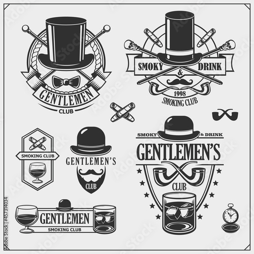 Gentlemen's Club. Set of emblems, icons of accessories.
