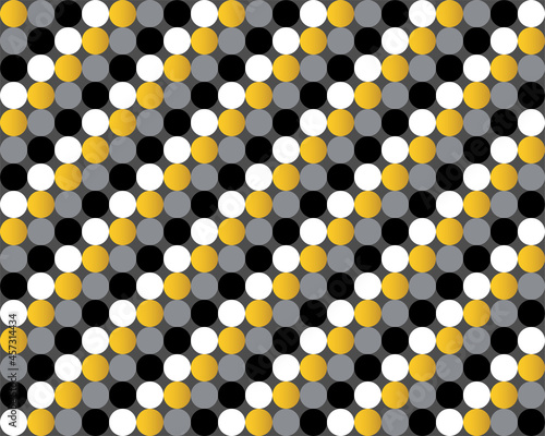 Abstract geometric background. Gold black and white circle seamless pattern. Dot shapes. Vector.