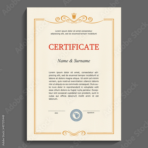 Certificate or diploma vertical template. Vintage vertical gold frame on a plain security mesh background. Gratitude, victory, reward. Vector illustration.