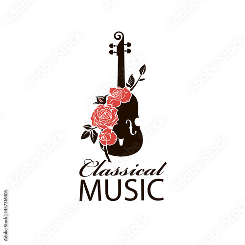 abstract icon of violin and rose isolated on white background
