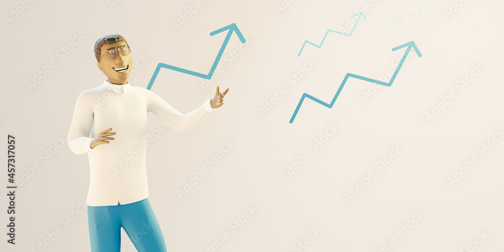 3D Illustration of a young business man with blue success arrow icons on a white background 3D Illustration of a young business man with blue success arrow icons on a white background