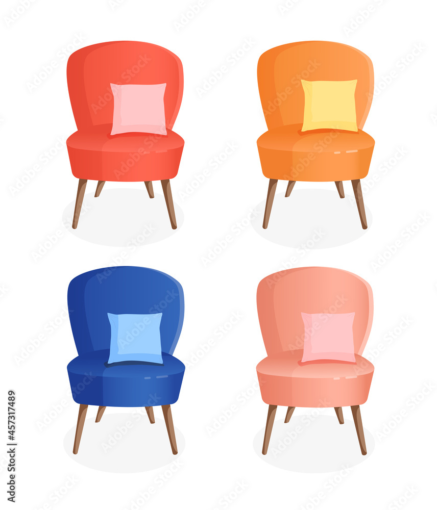 Obraz premium Set of cozy chairs and pillows on an isolated white background. Vector illustration of a home chair for the interior. Modern furniture for living room, bedroom, lobby. Icon, element.