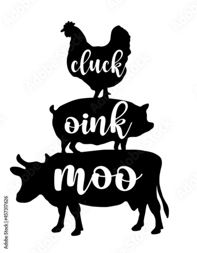 Cluck oink moo - Happy Harvest fall festival design for markets, restaurants, flyers, cards, invitations, stickers, banners. Cute hand drawn hayride or old pickup truck with farm animals.  photo