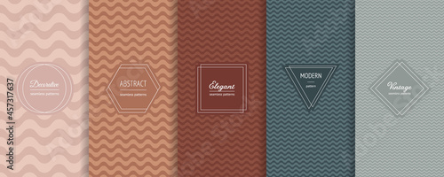 Vector set of wavy geometric seamless patterns. Abstract minimal striped textures with elegant modern minimalist labels. Stylish wave backgrounds collection in trendy colors. Stylish vintage design