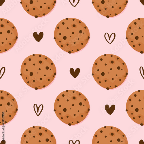 Chocolate cookies on rose background - funny hand drawn doodle, seamless pattern. Cartoon background, texture for Christmas wrapping paper, bedsheets, pajamas.