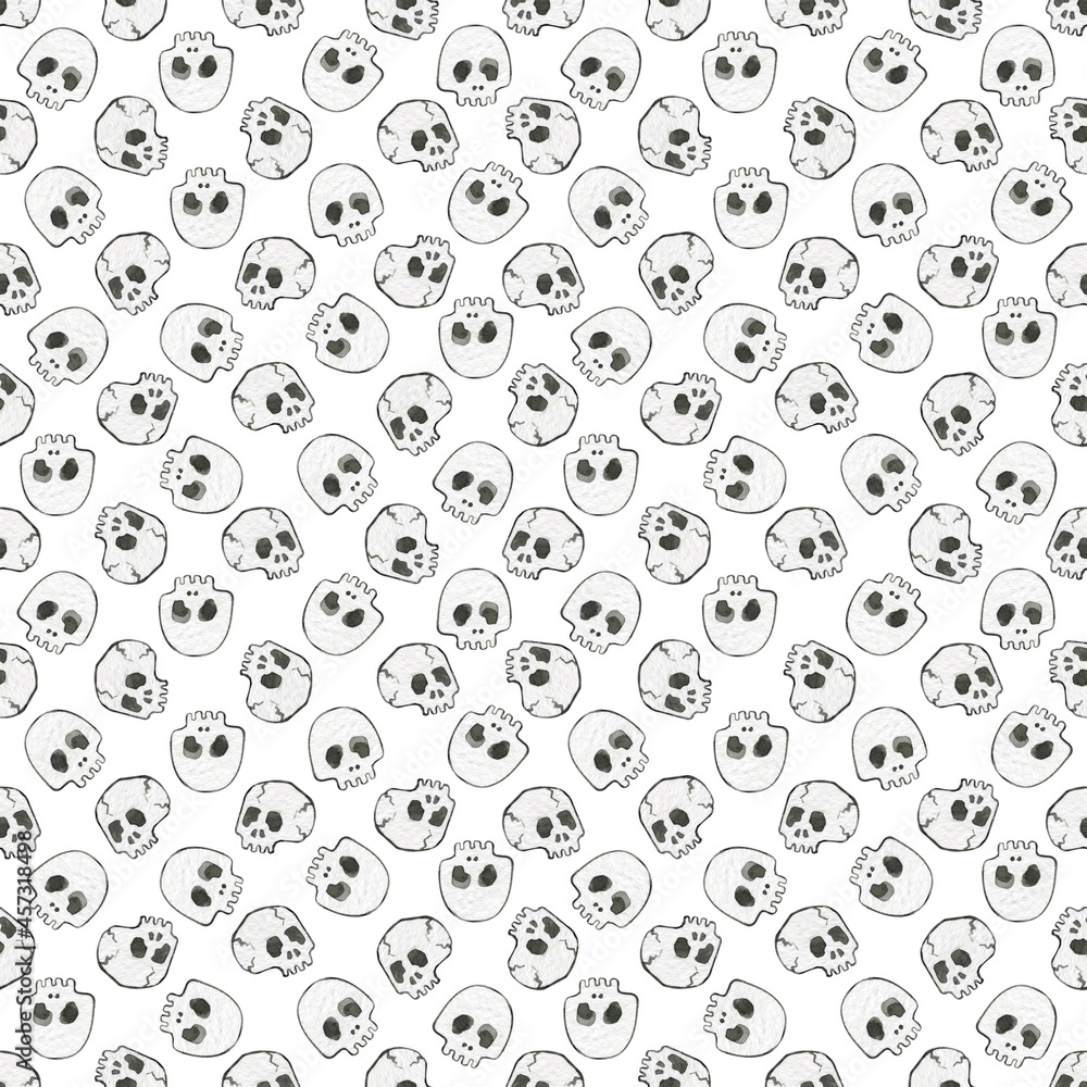 Watercolor seamless pattern skulls on the white background. Hand-drawn illustration. Ideal for wrapping paper, textiles, postcard.