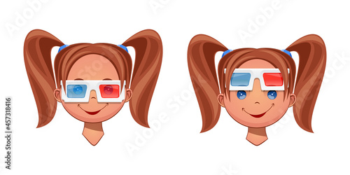The face of a smiling cute girl in 3D paper glasses for watching a movie. Cinema cartoon icons set with the face of a girl who watches a movie in stereo glasses. Vector illustration