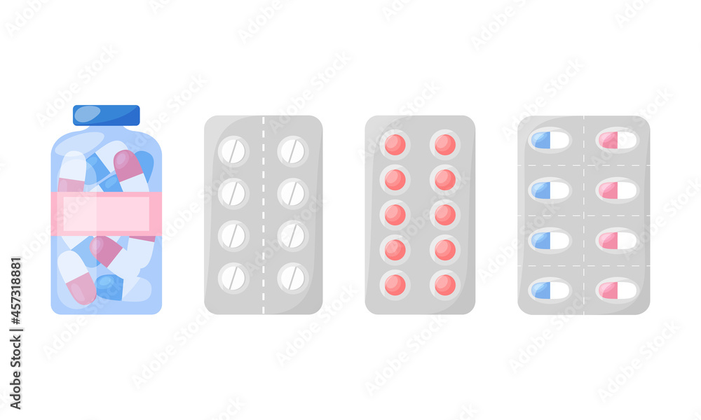 Medicines. Vector set. Capsules, pills, medicinal tablets and vitamins in packaging. Pharmacy products isolated. Collection on white background Medicines. Vector set. Capsules, pills, medicinal tablets and vitamins in packaging. Pharmacy products isolated. Collection on white background