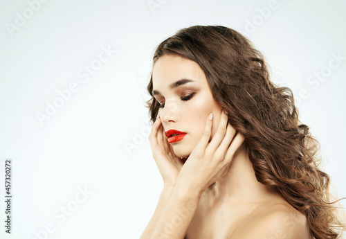 beautiful woman bare shoulders luxury light background