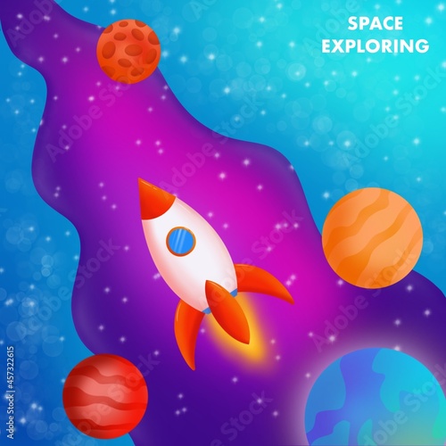 The rocket is flying in space. Space exploration. Abstract template for banner  web  poster. Scientific illustration.