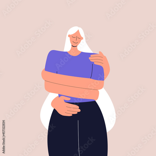 The concept of love and careful attitude to yourself. The girl hugs herself by the shoulders. Taking care of mental and physical health. Flat vector illustration is good for social media, covers.