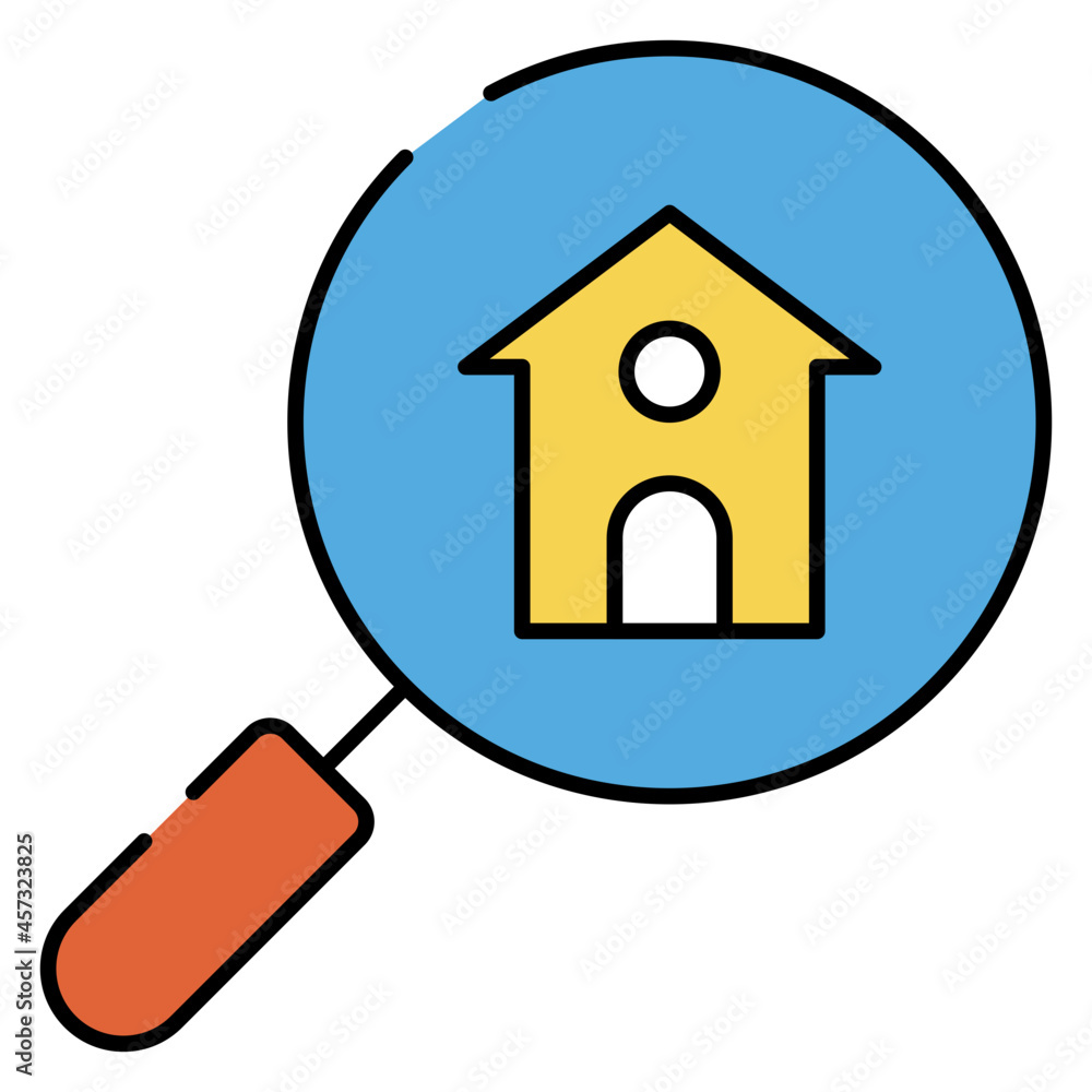House building under magnifying glass, icon of search home House building under magnifying glass, icon of search home