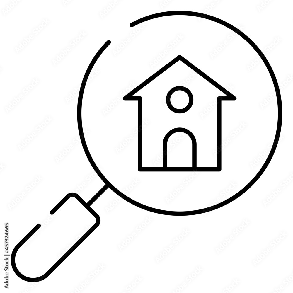 House building under magnifying glass, icon of search home House building under magnifying glass, icon of search home