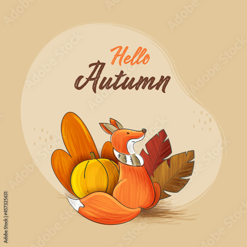 Hello Autumn Concept With Cartoon Fox Sitting, Pumpkin and Leaves On Beige Background.