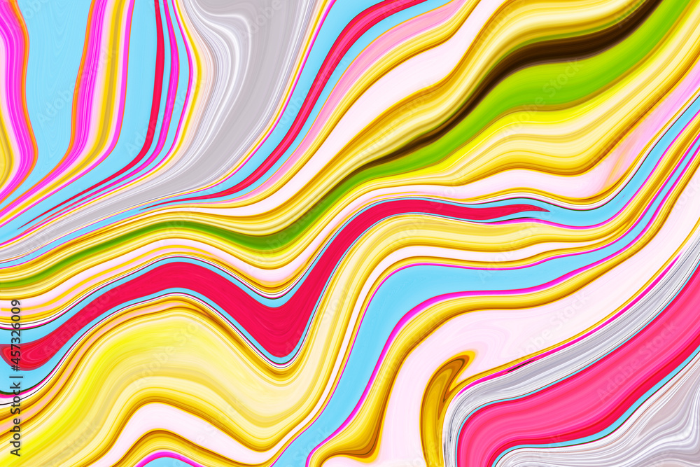 Modern colorful liquid art background. Wave color Liquid shape. Green, Yellow, Blue and Pink colour. Abstract design, Flow Backgound