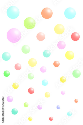 シャボン玉の背景。パステルカラーの球体がランダムに配置された背景イラスト。