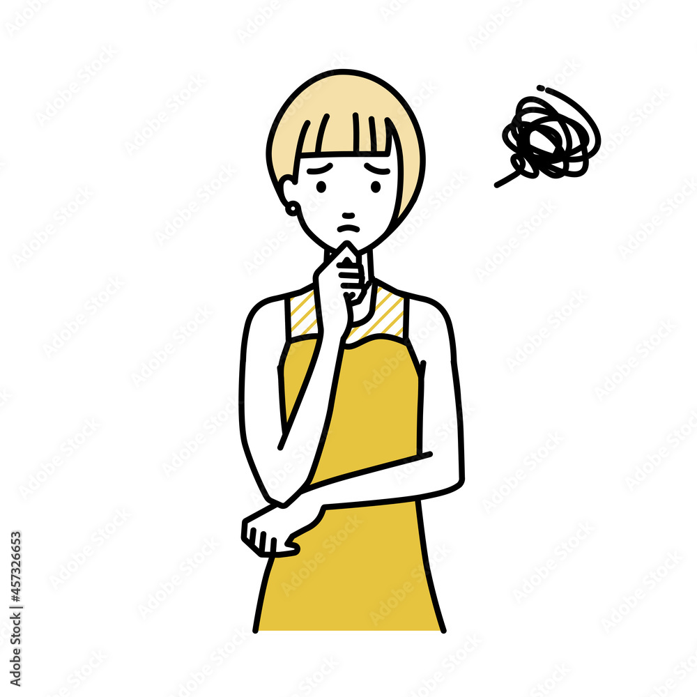 立って手をあごにあてて困っているドレスの女性