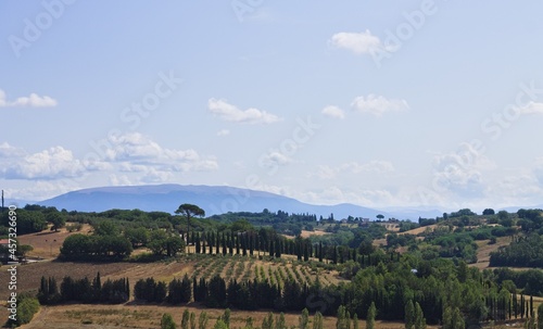 The view of a hilly landscape typical of the Tuscan countryside  Tuscany  Italy  Europe 