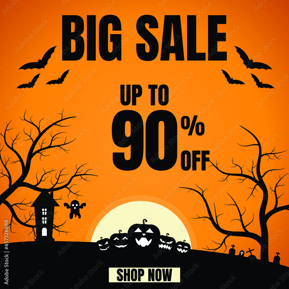 90 Percent Off, Halloween Big Sale Sign, Discount Sign Banner or Poster. Special offer price signs