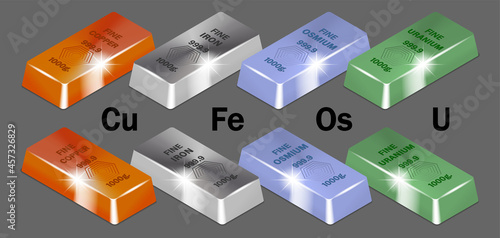 3D set of metal ingots. Bars of fine copper, iron, osmium and uranium weighing 1000 grams, fineness 999.9
