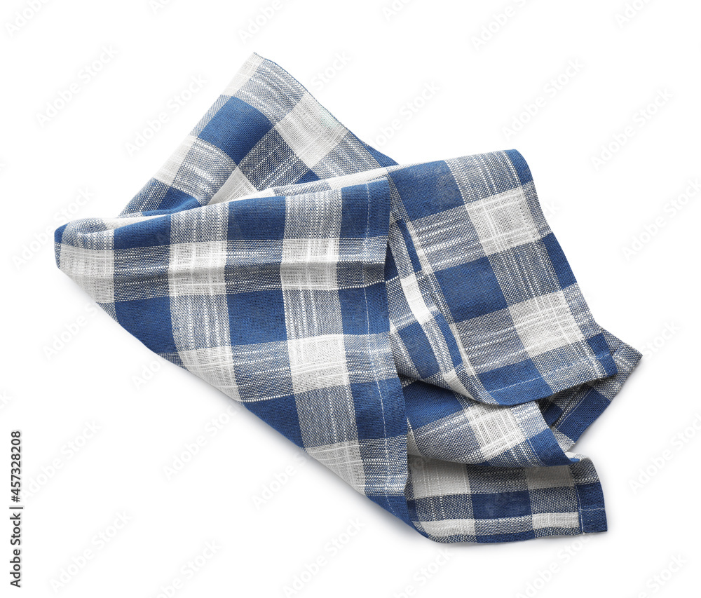 Blue checkered kitchen towel isolated on white, top view Blue checkered kitchen towel isolated on white, top view