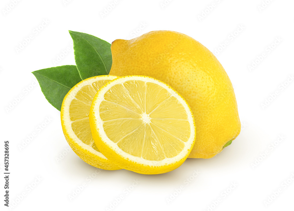 Lemon and slices with leaves isolated on white background, Juicy lemon..