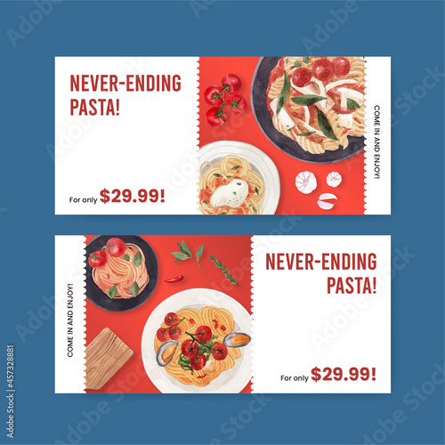 Voucher template with pasta cancept,watercolor style